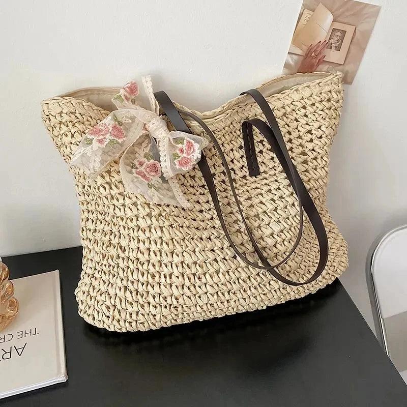 Summer Lace Ribbon Straw Female Large Capacity Shoulder Woven Totes Bag