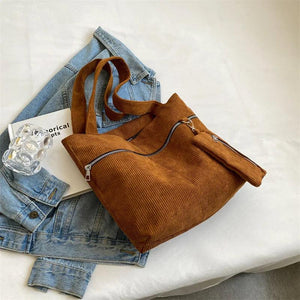 Corduroy Zipper Shoulder Bag Canvas Handbag Casual Tote Female Crossbody