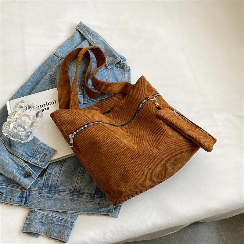 Corduroy Zipper Shoulder Bag Canvas Handbag Casual Tote Female Crossbody