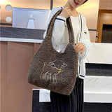 Embroidered Lamb Tote Plush Shoulder Bag for Women