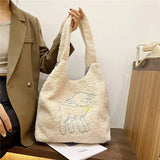 Embroidered Lamb Tote Plush Shoulder Bag for Women