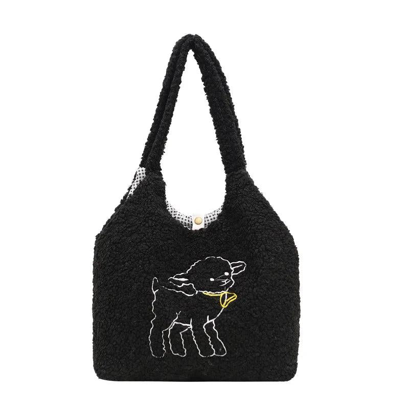 Embroidered Lamb Tote Plush Shoulder Bag for Women