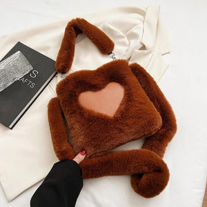 Brown Faux Fur Women Handbags Plush Shoulder Tote Bag