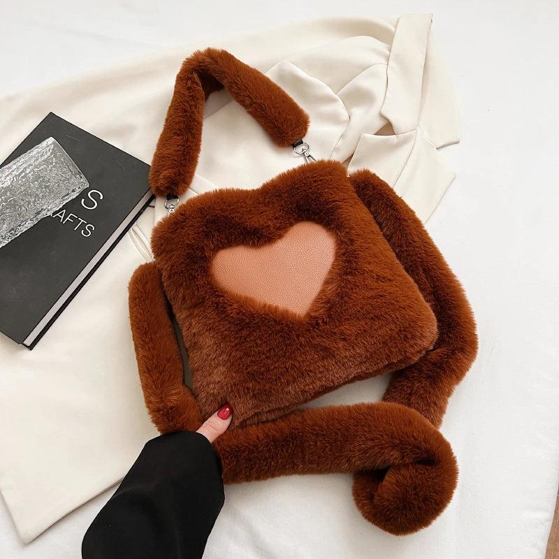 Brown Faux Fur Women Handbags Plush Shoulder Tote Bag
