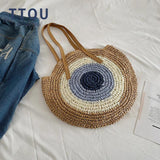Vintage Straw Bag Round Rattan Bags Summer Beach Ladies Circle Shoulder Bag