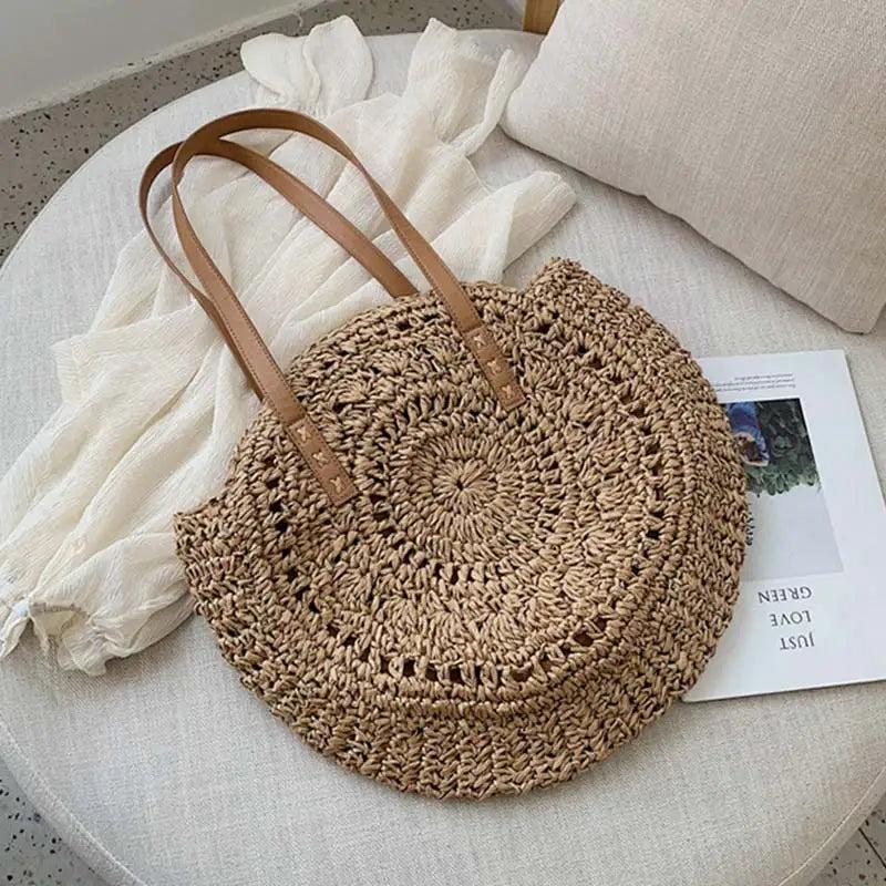 Vintage Straw Bag Round Rattan Bags Summer Beach Ladies Circle Shoulder Bag