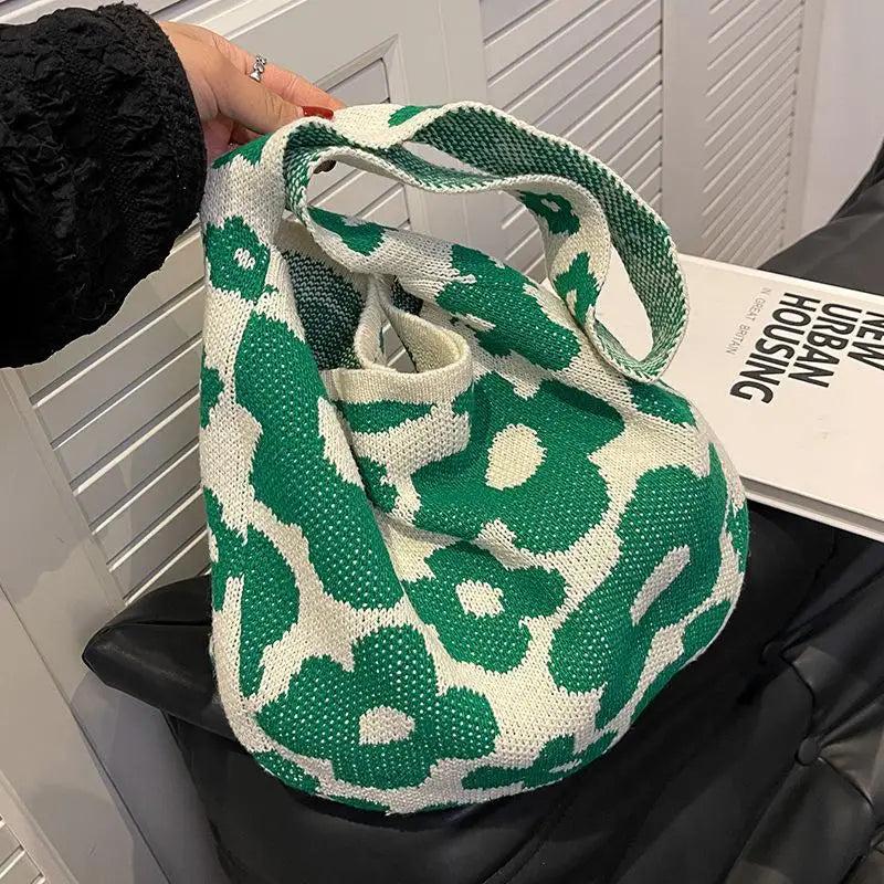 Bohemia Knitted Shoulder Bag Summer Flowers Large Capacity Bucket Travel Handbag