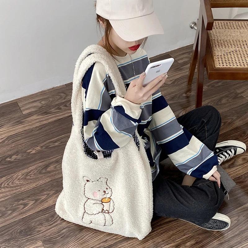 Plush Shoulder Tote Bag Winter Handbag Fur Shopping Handbag