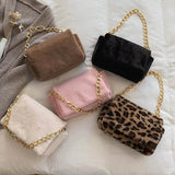 Plush Square Shoulder Bag with Thick Chain - Women's Handbag