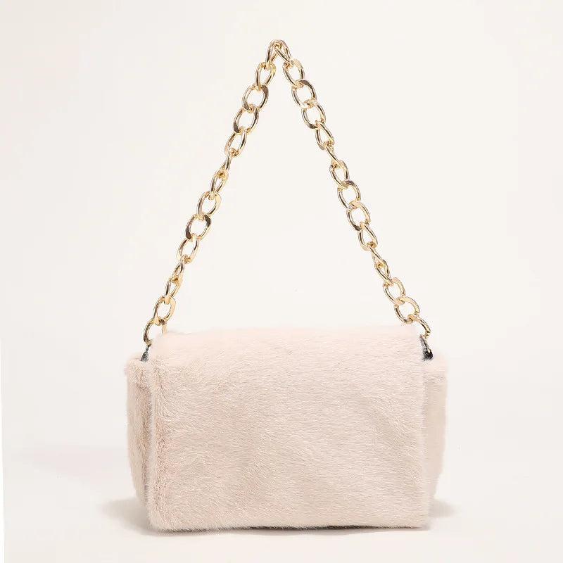 Plush Square Shoulder Bag with Thick Chain - Women's Handbag
