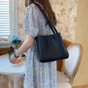 Bucket Bag PU Leather Shoulder Large Totes Solid Handbag