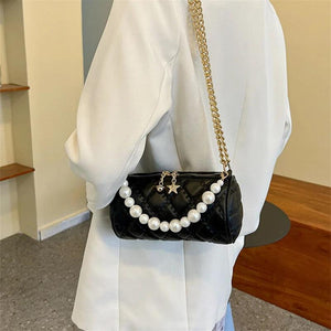 Barrel-shaped Shoulder Bag with Pearls Chains Crossbody