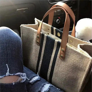 Vintage Striped Linen Tote Large-Capacity Handbag for Ladies