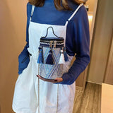 Ethnic Style Handbag Straw Cylinder shoulder Bag Fairy Tassel Bucket Bag