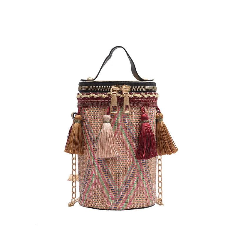Ethnic Style Handbag Straw Cylinder shoulder Bag Fairy Tassel Bucket Bag