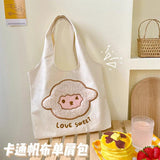 Women's Canvas Tote Bag Cartoon Embroidery Shoulder Shopper Handbag