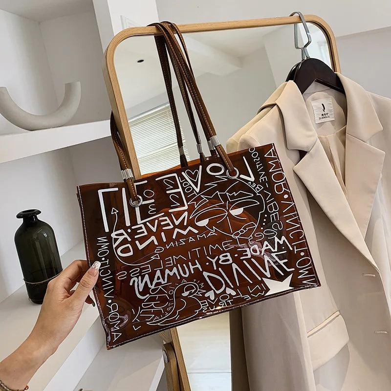 PVC Graffiti Large Shopper Shoulder Bag Eco-Friendly Grocery Handbag
