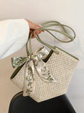 Women's Beach Scarf Tote Straw Handbag Solid Casual Shoulder Bag