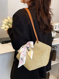 Women's Beach Scarf Tote Straw Handbag Solid Casual Shoulder Bag