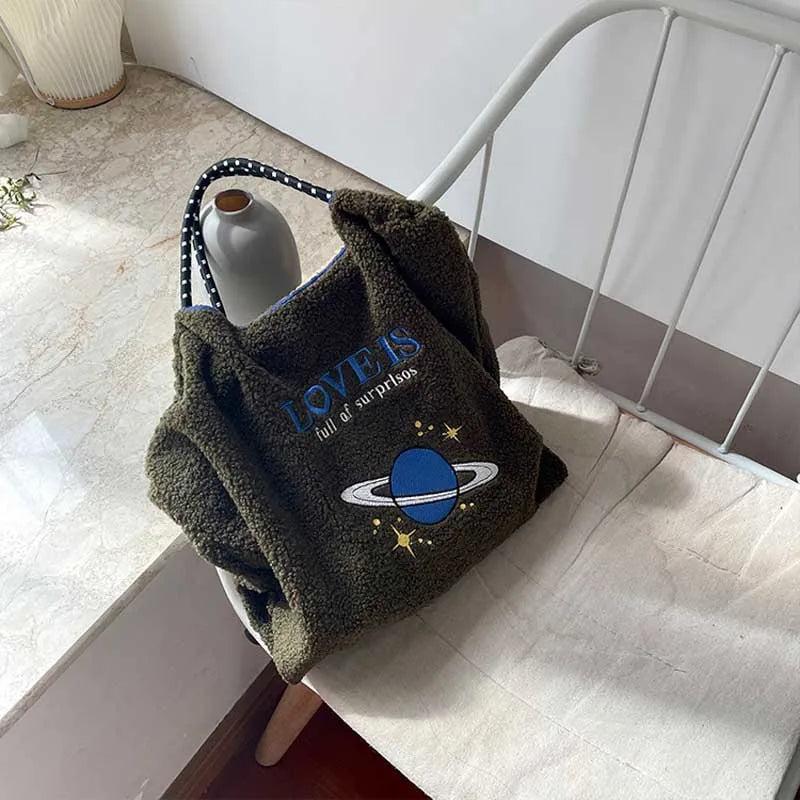 Embroidery Lamb Wool Tote Bag Shoulder Bags Drawstring Handbag