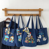 Washed Cowboy Shoulder Bag Cartoon Embroidery Large Capacity Tote Bags