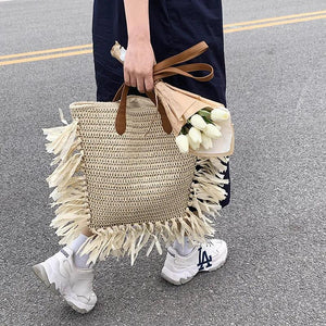 Bohemian Straw Shoulder Bag Tassel Handbag Large Capacity Beach Travel Purse