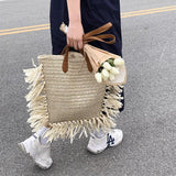 Bohemian Straw Shoulder Bag Tassel Handbag Large Capacity Beach Travel Purse