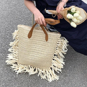 Boho Tassel Women Straw Bag Rattan Shoulder Bags Large Capacity Handbags