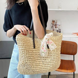 Vintage Woven Straw Tote Handbag with Silk Ribbon - Large Capacity