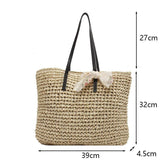 Vintage Woven Straw Tote Handbag with Silk Ribbon - Large Capacity