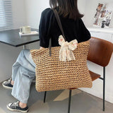 Vintage Woven Straw Tote Handbag with Silk Ribbon - Large Capacity