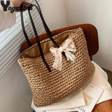 Vintage Woven Straw Tote Handbag with Silk Ribbon - Large Capacity