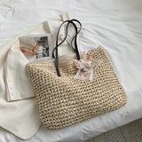 Vintage Woven Straw Tote Handbag with Silk Ribbon - Large Capacity