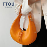 Crescent Small Tote Handbags Women's Leather Shoulder Bags Female Clutch Bags