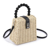Female Straw Crossbody Bag with Bead Handle Handbag Box Shoulder Bag