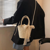 Handwoven Straw Bucket Bag Shoulder Crossbody Beach Travel Bag