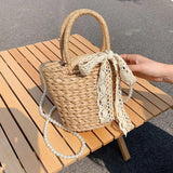 Handwoven Straw Bucket Bag Shoulder Crossbody Beach Travel Bag