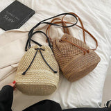 Straw Bucket Shoulder Bag Drawstring Crossbody Bag
