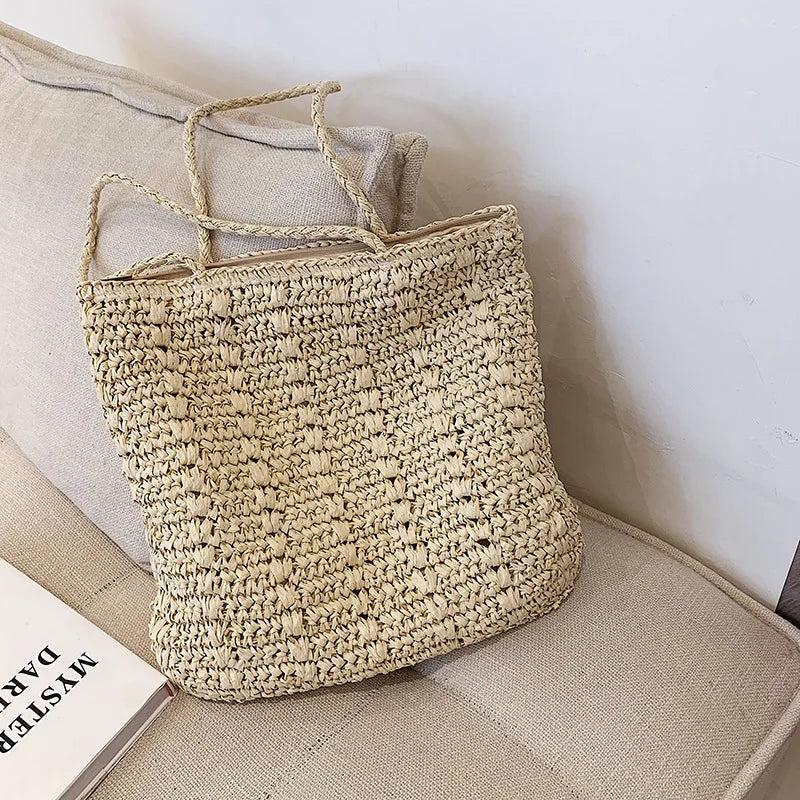 Casual Hand-Woven Women's Shoulder Bags Bohemian Solid Straw Beach Totes
