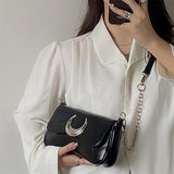 Moon Lock Shoulder Handbag Women Leather Underarm Bag
