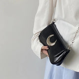 Moon Lock Shoulder Handbag Women Leather Underarm Bag