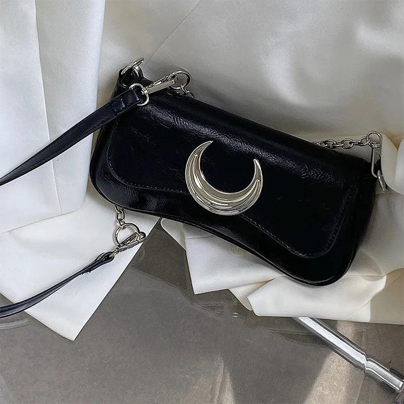 Moon Lock Shoulder Handbag Women Leather Underarm Bag