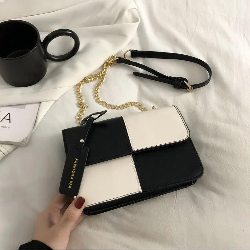 Checkered Square Bag PU Leather Shoulder Bags Chain Crossbody Handbags Purses