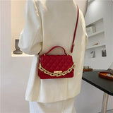 Red Brown Quilted Chain Shoulder Bag Leather Women'S Handbag