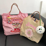 Embroidery Shopping Bag Women Handbag Nylon Portable Shoulder Bag