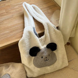 Faux Fur Plush Shoulder Bag with Bear Embroidery