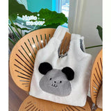 Faux Fur Plush Shoulder Bag with Bear Embroidery