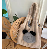 Faux Fur Plush Shoulder Bag with Bear Embroidery