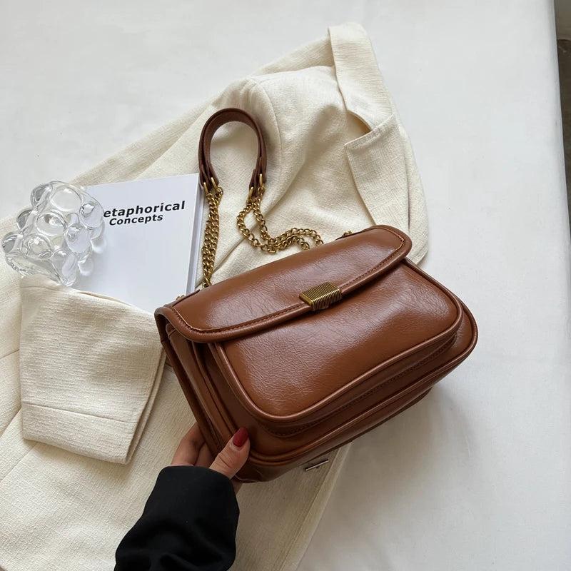 Vintage PU Leather Shoulder Bag Chains Handbag Tote