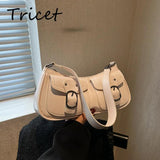 Retro Buckle Women Underarm Bag PU Leather Zipper Female Shoulder Bags Pocket